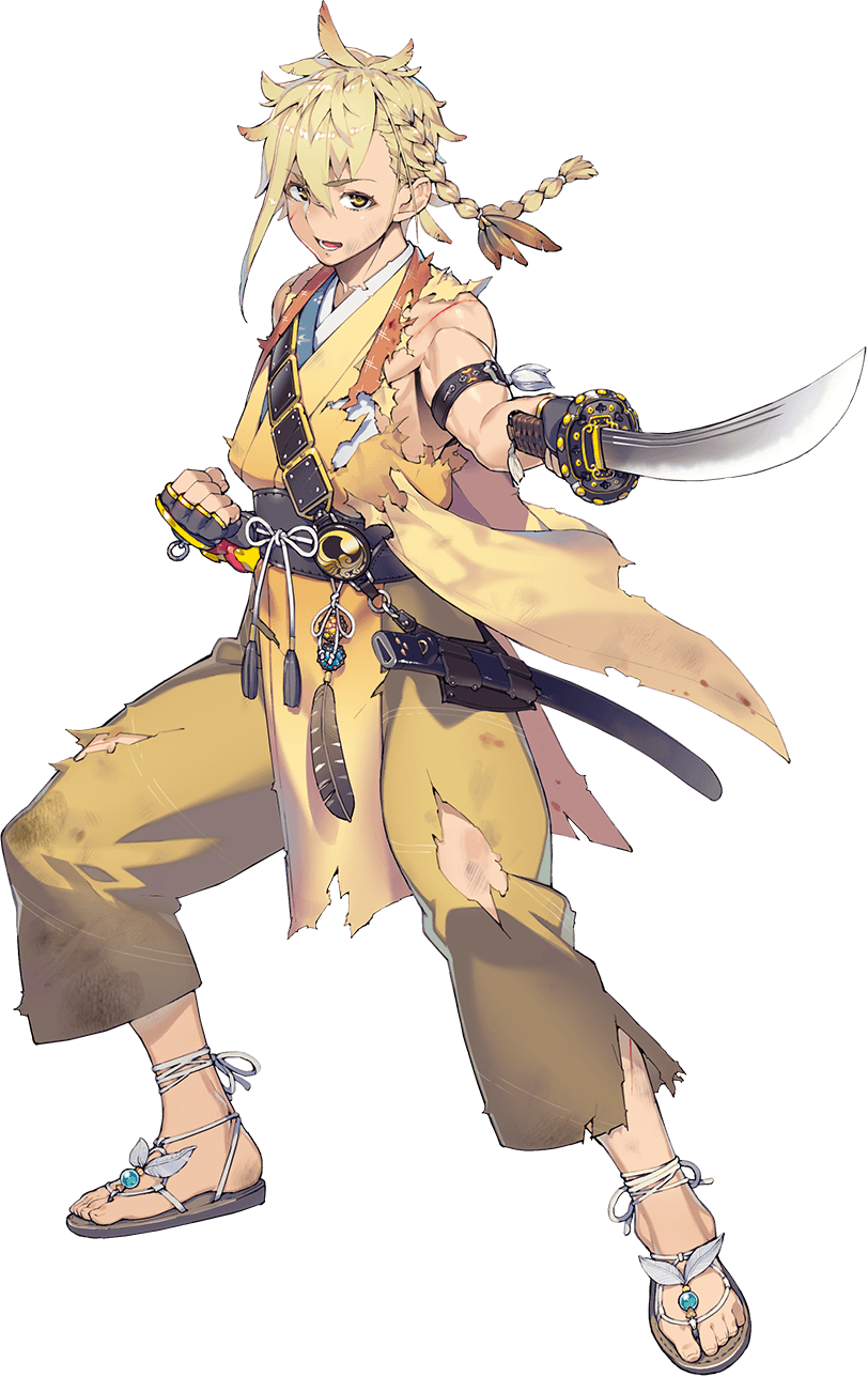 1boy, blonde_hair, blood, braid, chiganemaru_(touken_ranbu), clenched_hand, feathers, full_body