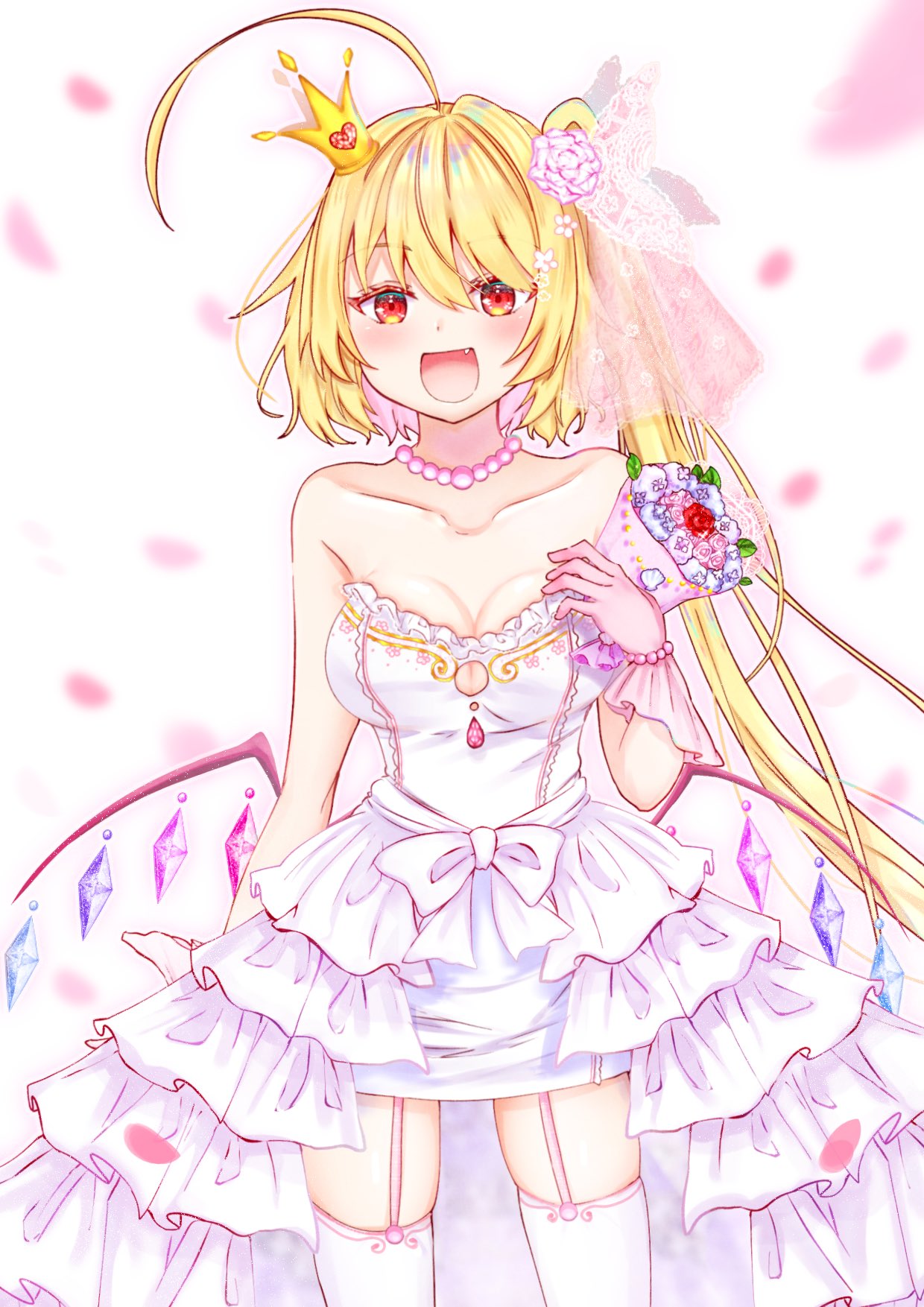 1girl, :d, ahoge, alternate_hair_length, alternate_hairstyle, bare_shoulders, blonde_hair, blush, bouquet, bridal_veil, commentary_request, crown, crystal, dress, fang, flandre_scarlet, flower, gloves, hair_flower, hair_ornament, highres, holding, holding_bouquet, jewelry, long_hair, looking_at_viewer, mini_crown, necklace, open_mouth, petals, pink_flower, pink_garter_straps, pink_gloves, pink_neckwear, pink_rose, red_eyes, rose, sakuramiya_nya, short_dress, side_ponytail, sleeveless, sleeveless_dress, smile, solo, strapless, strapless_dress, thigh-highs, tilted_headwear, touhou, veil, waist_cape, wedding_dress, white_dress, white_legwear, wings