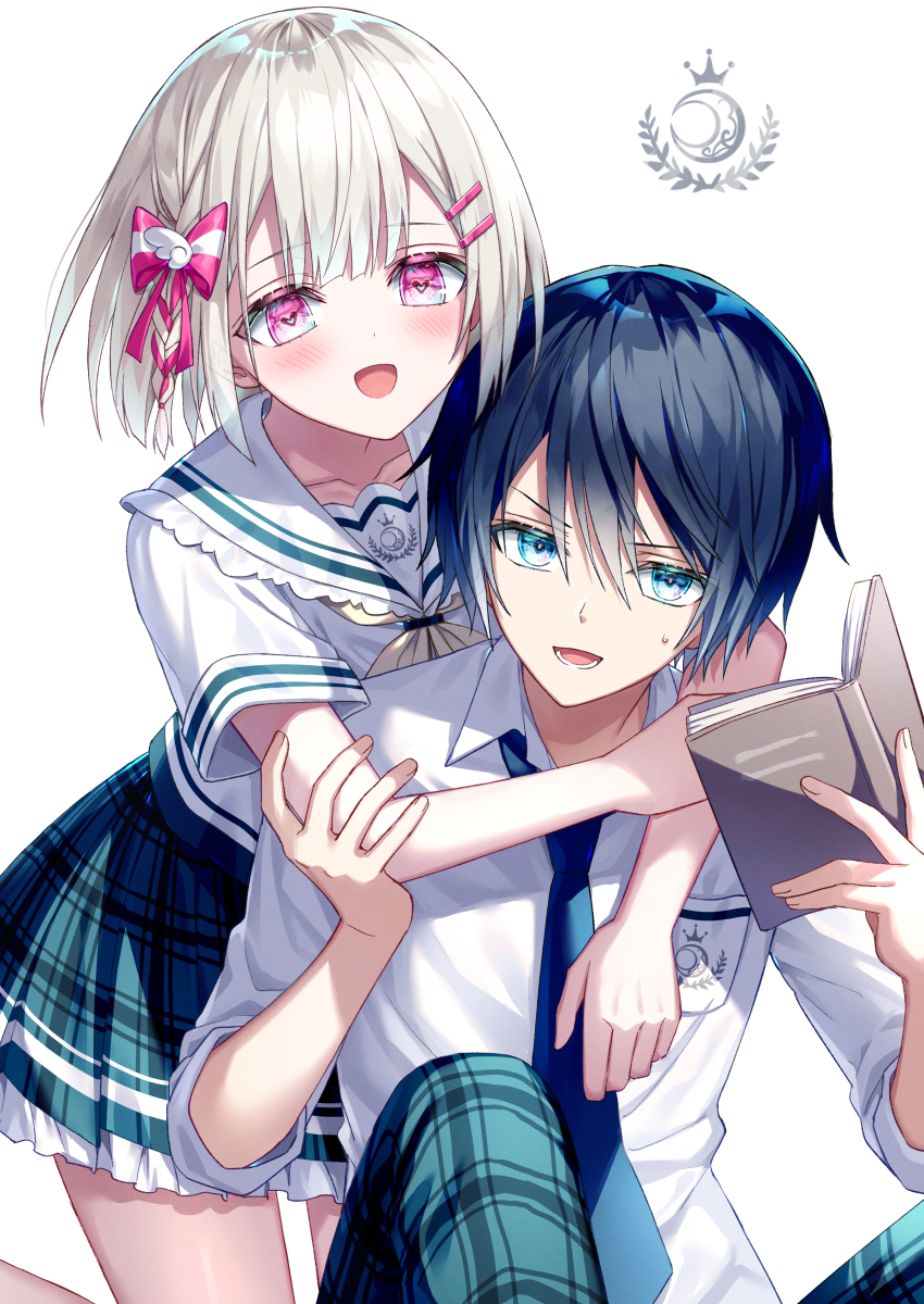 1boy, 1girl, :d, bangs, blue_eyes, blue_neckwear, blush, book