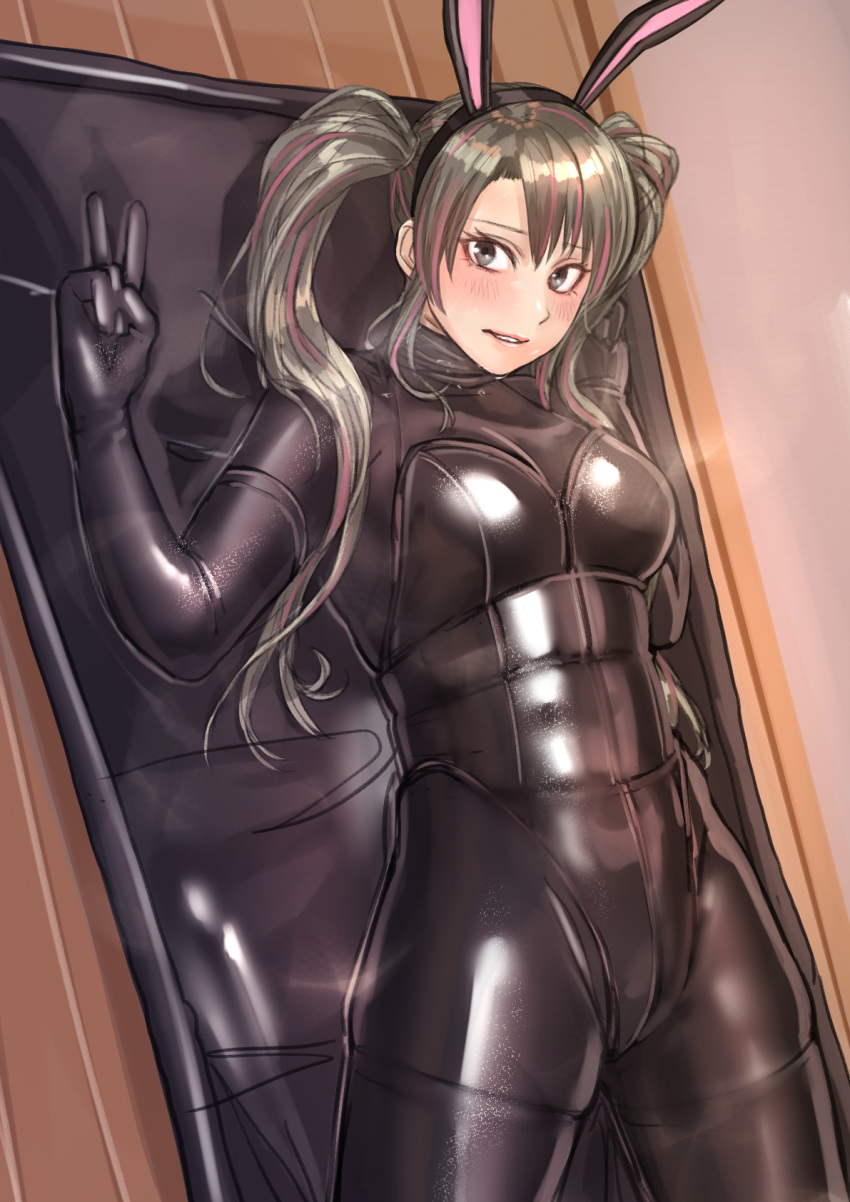 1girl, animal_ears, blush, bodysuit, breasts, bunny_girl, bunnysuit, eyebrows_visible_through_hair