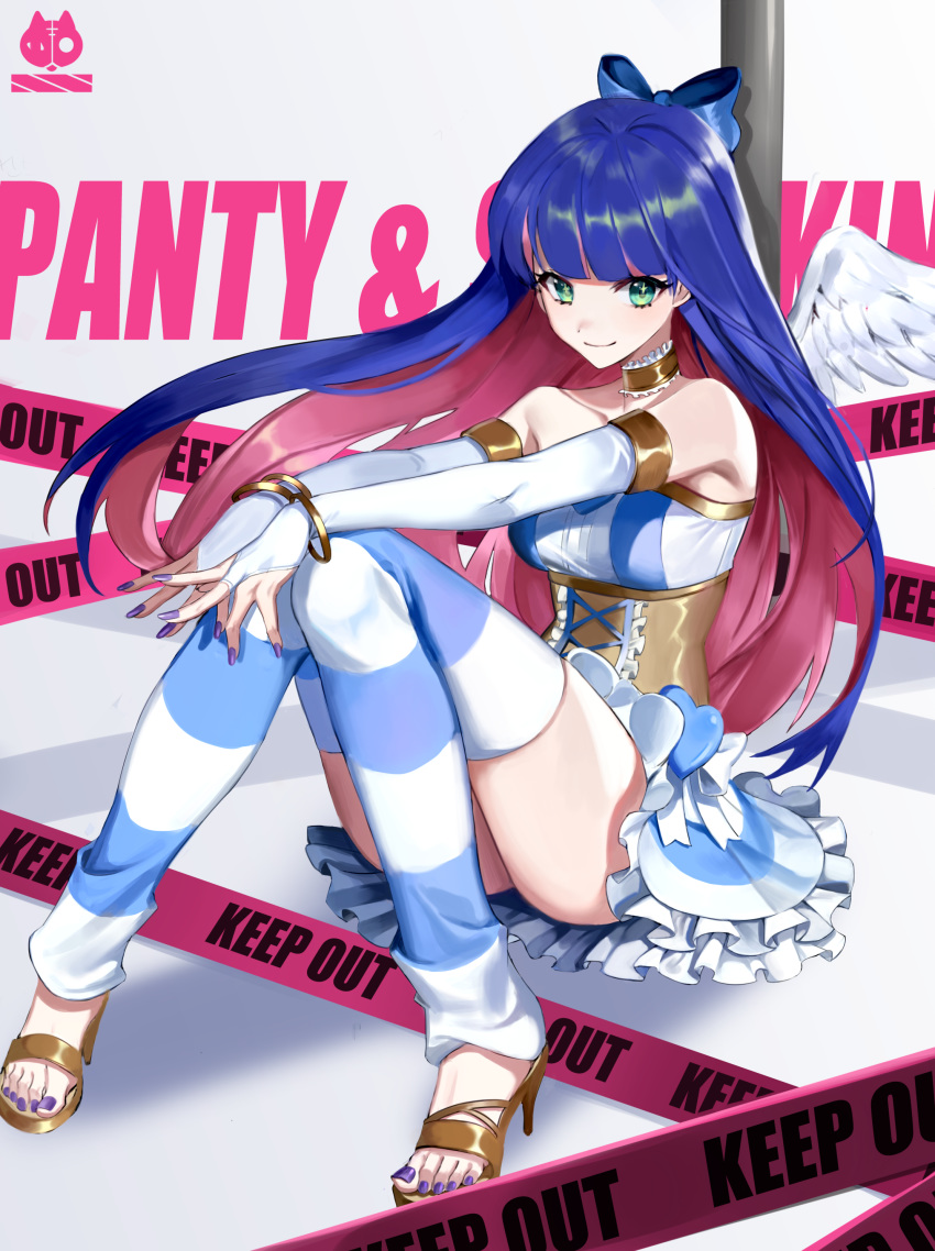 1girl, absurdres, bare_shoulders, blue_hair, blush, bow, bracelet, bridal_gauntlets