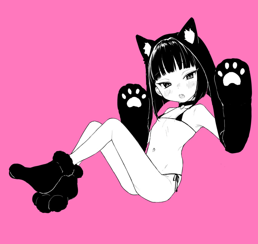 1girl, animal_ears, bikini, black_bikini, black_choker, blush, cat_ears, child