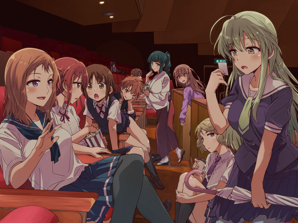 6+girls, achiga_school_uniform, ahoge, atago_hiroe, atarashi_ako, auditorium, bangs, black_jacket