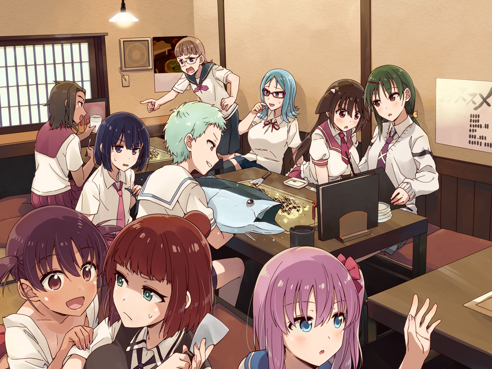 6+girls, :o, achiga_school_uniform, animal, atago_kinue, bangs, bike_shorts, black_eyes