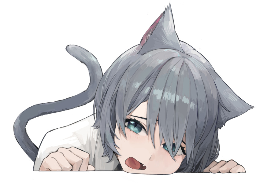 1girl, animal_ears, bangs, blue_eyes, cat_ears, cat_tail, cheek_press, chin_rest