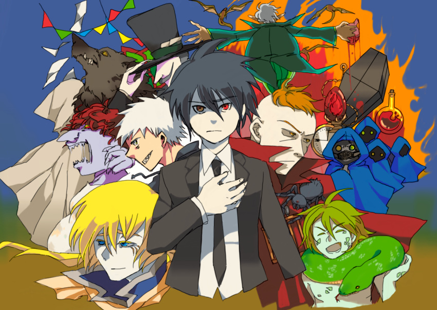 6+boys, black_hair, blonde_hair, blood, bug, cape, coat, coffin
