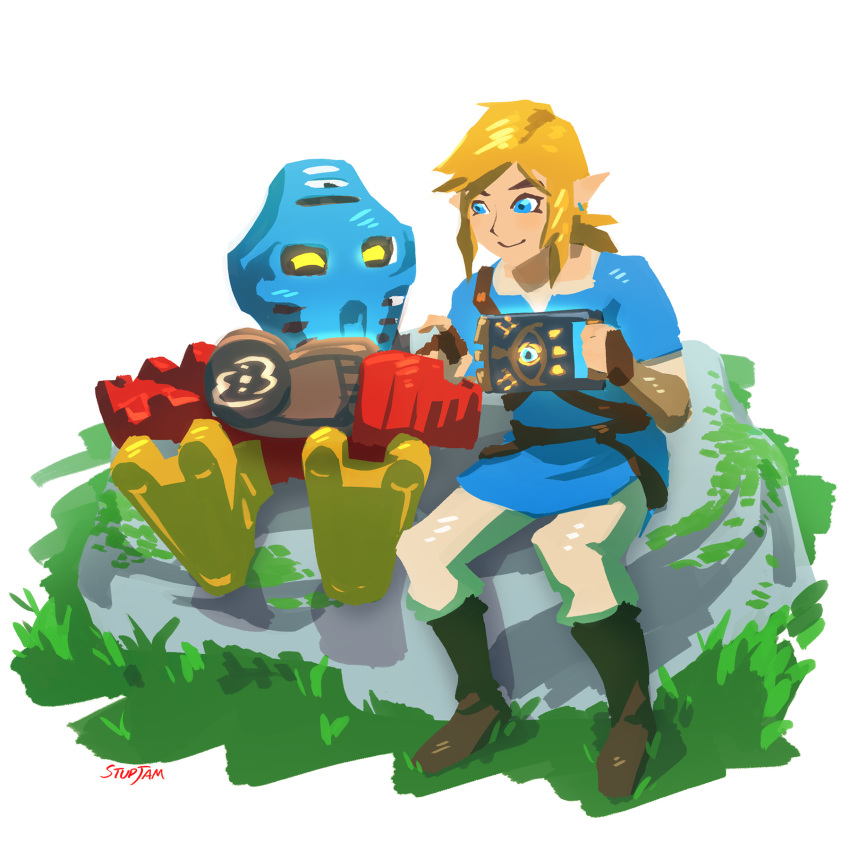 2boys, bionicle, blonde_hair, blue_eyes, boots, crossover, fingerless_gloves, gloves
