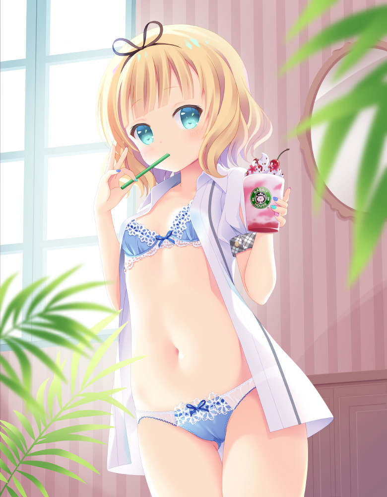 1girl, aqua_eyes, bangs, black_hairband, blonde_hair, blue_bra, blue_panties, blunt_bangs