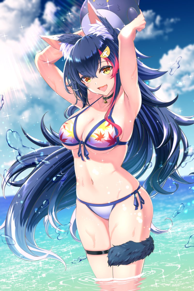 1girl, animal_ears, beach, bikini, bikini_bottom, bikini_top, breasts, highres