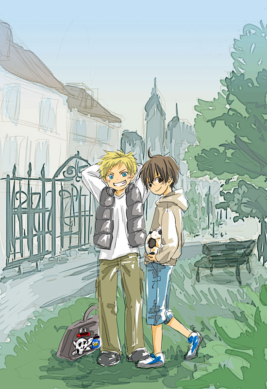 2boys, arms_up, bag, ball, bench, black_hair, blonde_hair, blue_eyes
