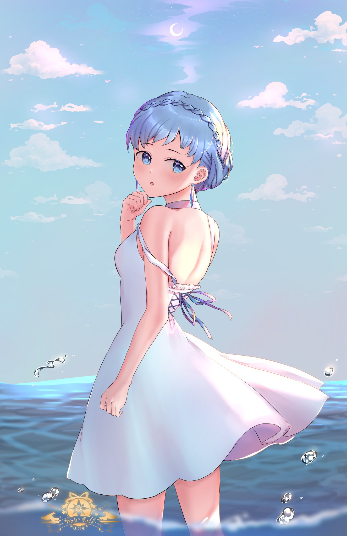 1girl, blue_eyes, blue_hair, blue_sky, braid, clouds, crown_braid, day