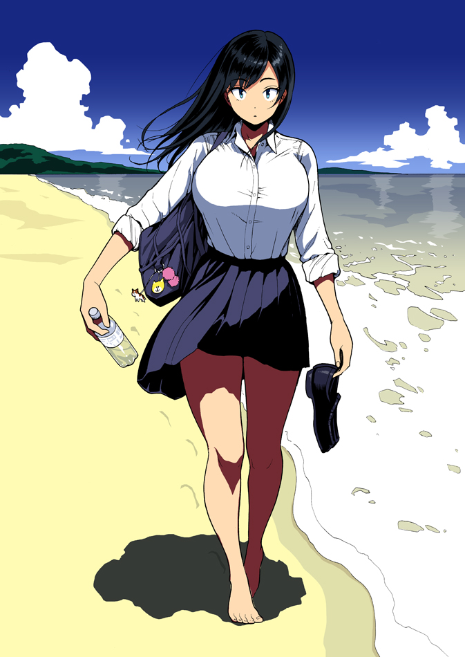 1girl, asymmetrical_bangs, bag, bangs, bare_legs, barefoot, beach, black_footwear, black_hair, blue_eyes, blue_skirt, blue_sky, bottle, breasts, clouds, cloudy_sky, collared_shirt, commentary, day, dress_shirt, drink, eyebrows_visible_through_hair, full_body, holding, holding_drink, holding_shoes, large_breasts, long_hair, looking_at_viewer, miniskirt, original, outdoors, parted_bangs, parted_lips, pleated_skirt, school_bag, school_uniform, shirt, shoes, shoes_removed, skirt, sky, sleeves_rolled_up, solo, straight_hair, thighs, walking, white_shirt, wind, youshu_ohepe