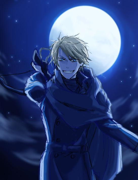 1boy, blonde_hair, blue_eyes, bow_(weapon), cloak, crossbow, evil_smile, full_moon