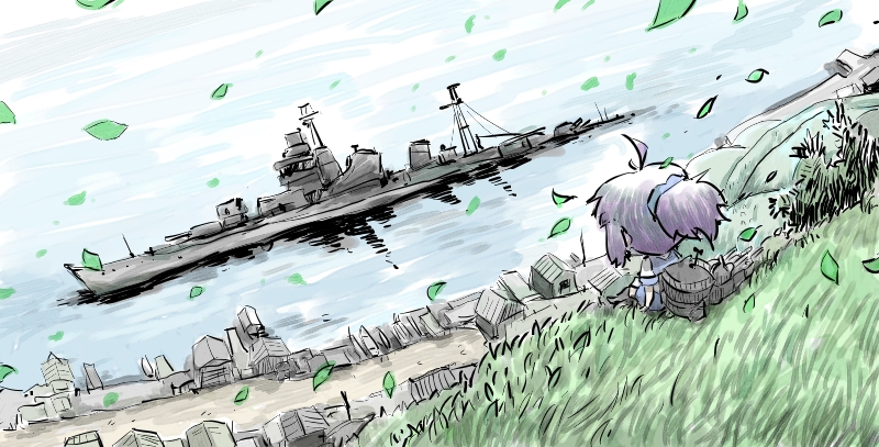 1girl, ahoge, aoba_(cruiser), aoba_(kantai_collection), blue_scrunchie, from_behind, hair_ornament, hair_scrunchie, kantai_collection, kono_sekai_no_katasumi_ni, kure_(city), looking_away, machinery, ohyo, ponytail, purple_hair, school_uniform, scrunchie, serafuku, sitting, solo