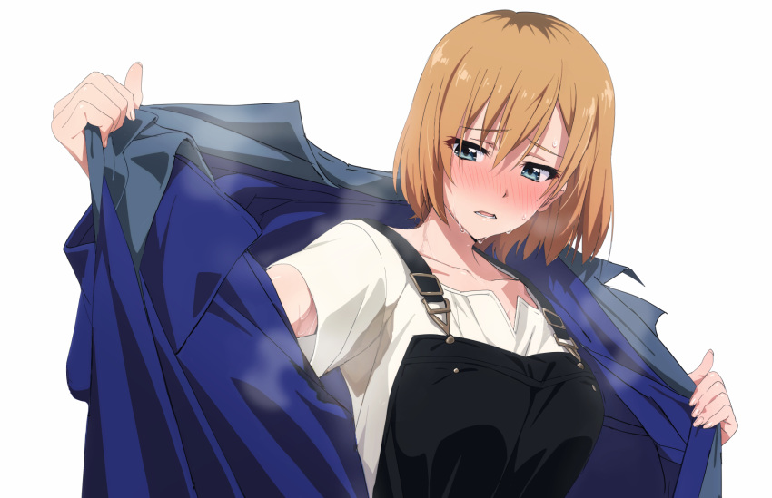 1girl, armpits, bangs, blue_jacket, blush, breath, brown_hair, coat
