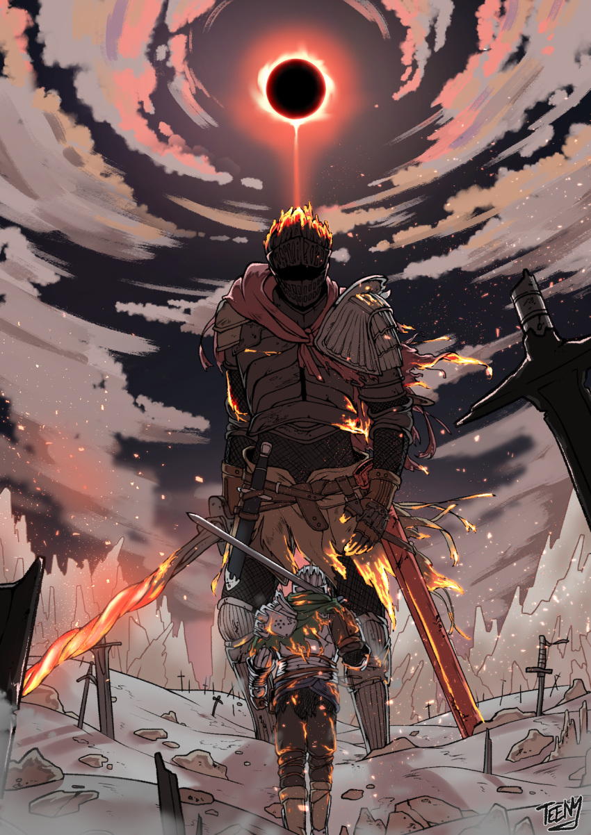 2others, arm_at_side, armor, armored_boots, arms_at_sides, artist_name, ashen_one_(dark_souls_3), battle