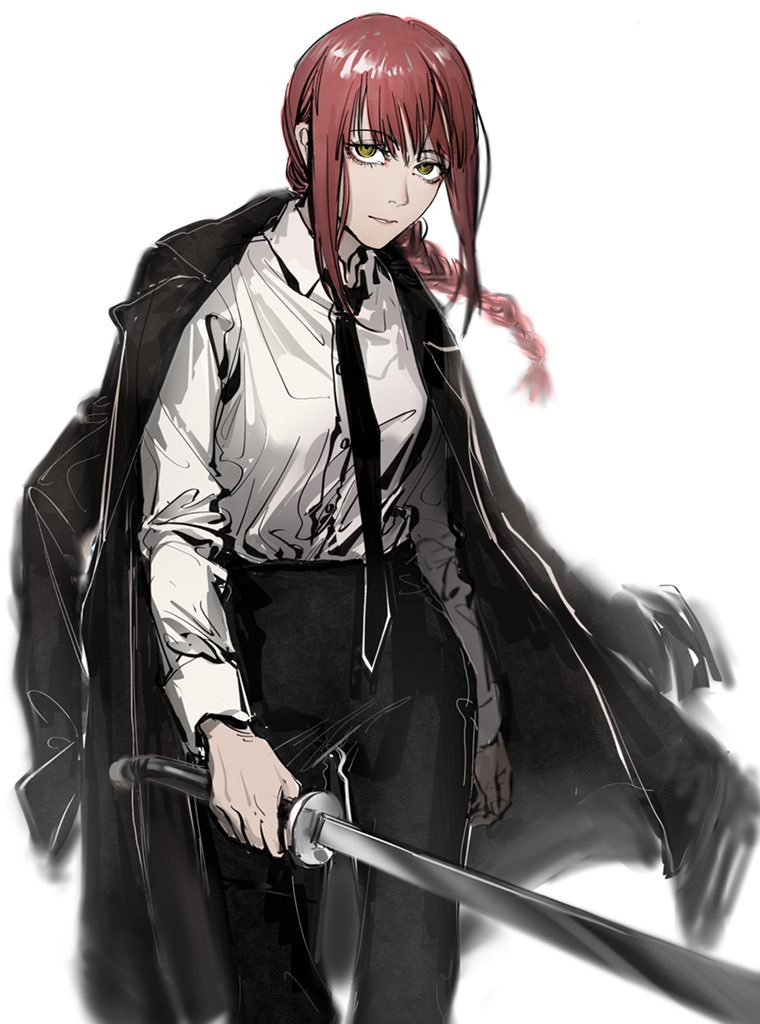 1girl, black_jacket, black_neckwear, black_pants, braid, braided_ponytail, breasts, brown_hair, business_suit, chainsaw_man, collared_shirt, expressionless, eyebrows_visible_through_hair, formal, holding, holding_sword, holding_weapon, jacket, jacket_on_shoulders, jacket_removed, long_hair, long_sleeves, looking_at_viewer, makima_(chainsaw_man), medium_breasts, mingyue_0, necktie, pants, ringed_eyes, serious, shirt, shirt_tucked_in, solo, suit, sword, weapon, white_background, white_shirt, yellow_eyes