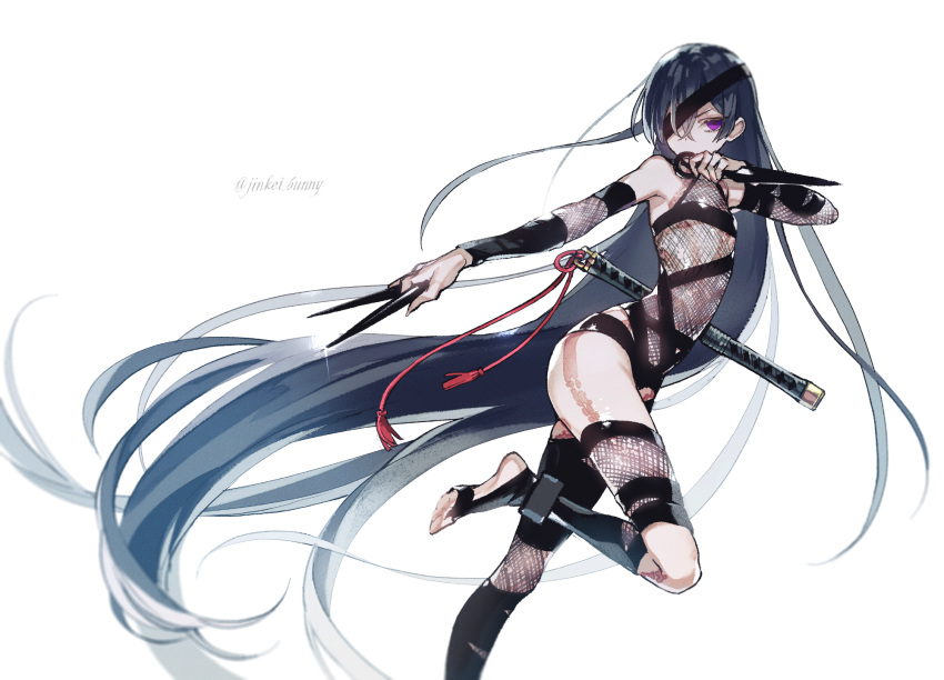 1girl, black_hair, black_ribbon, eyepatch, fate/grand_order, fate_(series), fishnets, full_body