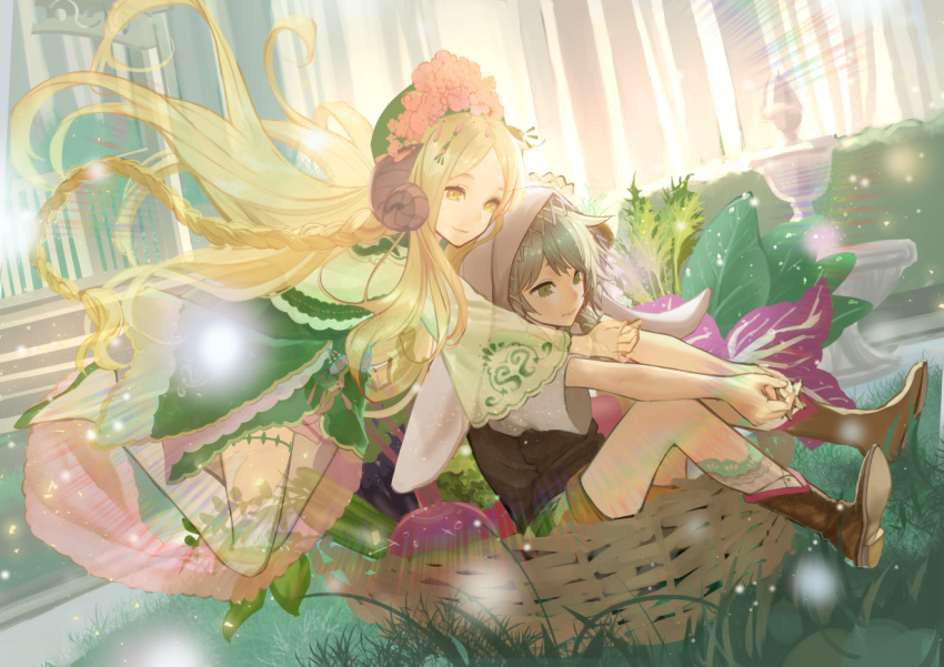 1boy, 1girl, animal_hood, basket, blonde_hair, boots, braid, bunny_hood