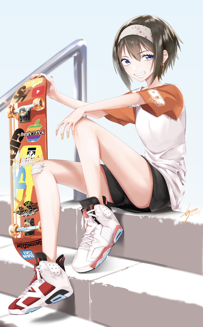 1girl, absurdres, air_jordan, air_jordan_6, black_hair, blue_eyes, english_commentary, headband