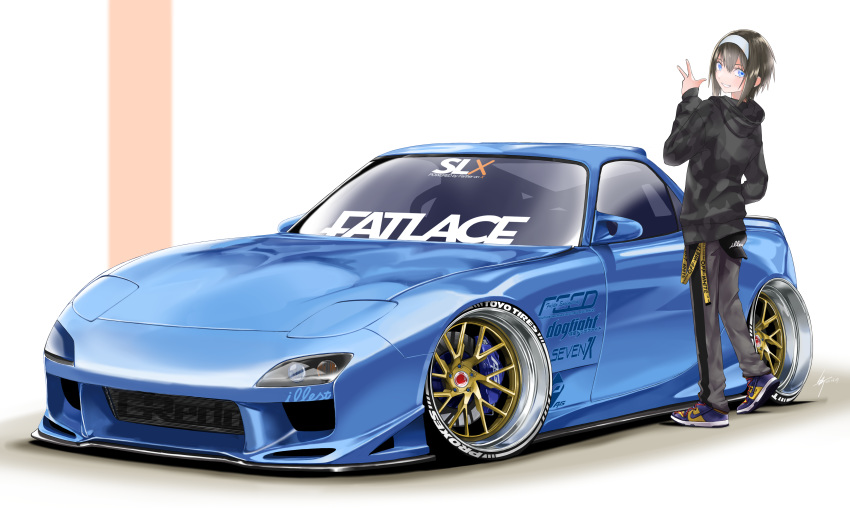1girl, absurdres, bangs, black_hair, black_hoodie, blue_eyes, car, ground_vehicle, headband, highres, illest, looking_back, mazda, mazda_rx-7, motor_vehicle, nike, off-white_(brand), original, shoes, short_hair, silenxe, sneakers, v, vehicle_focus, white_background, white_headband