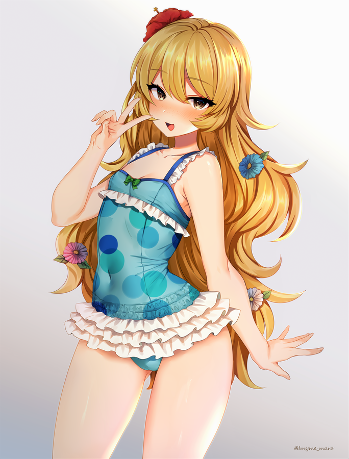 1girl, :d, artist_name, bangs, bare_arms, bare_shoulders, beryl_benito, blonde_hair