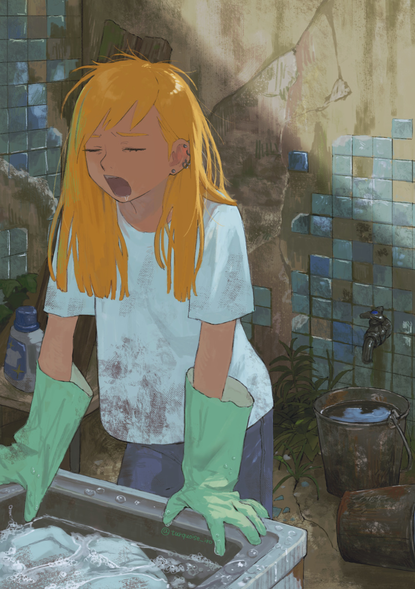 1girl, absurdres, arm_support, artist_name, blonde_hair, bubble, bucket, bucket_of_water