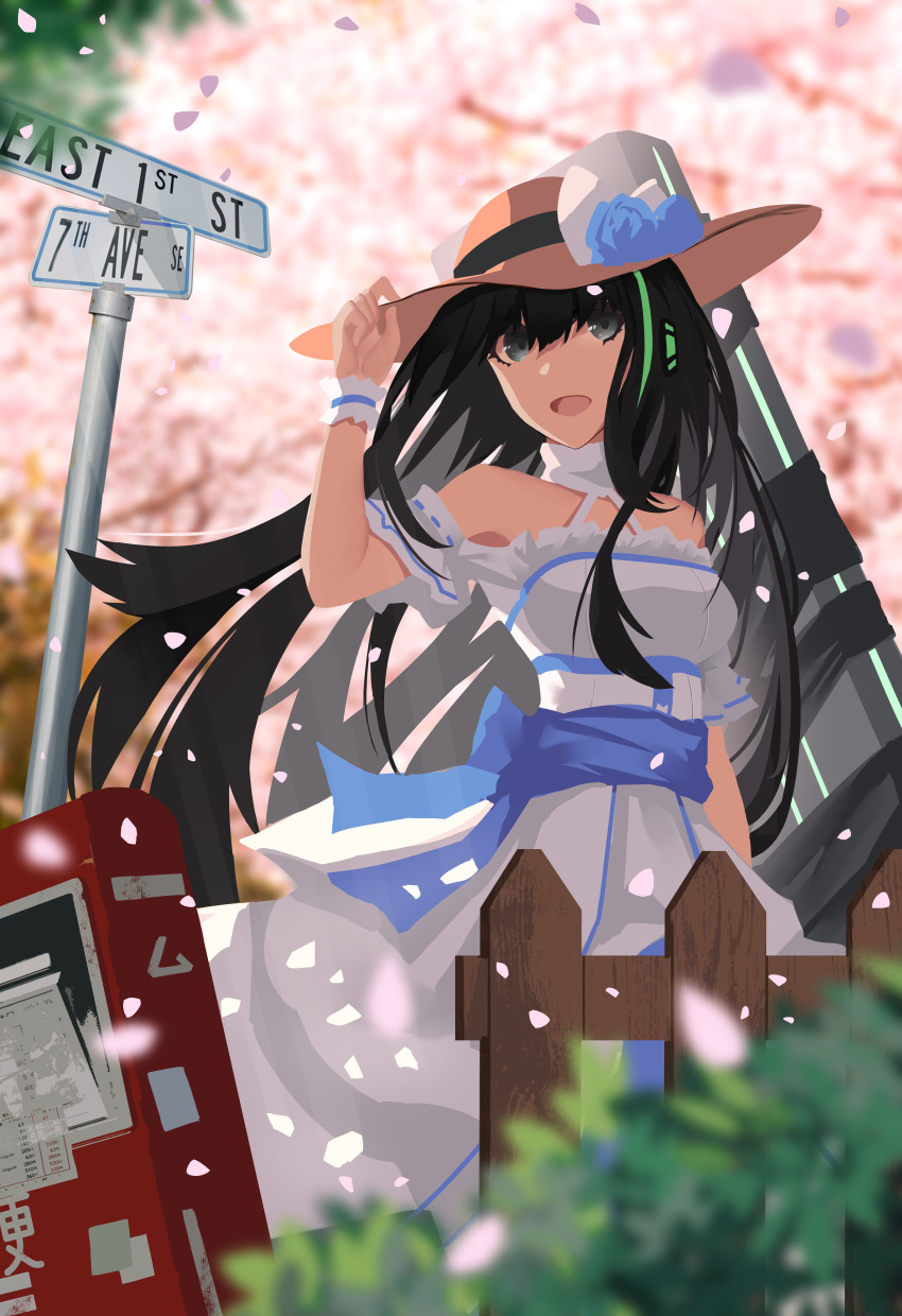 absurdres, arm_up, bangs, bare_arms, bare_shoulders, black_bow, black_hair, blue_flower