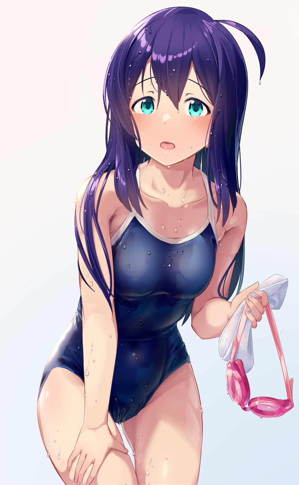 1girl, ahoge, aqua_eyes, bangs, bare_arms, bare_shoulders, beige_background, blue_background