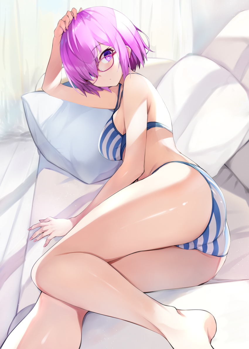 1girl, absurdres, ass, bare_legs, bare_shoulders, barefoot, bikini, blue_bikini