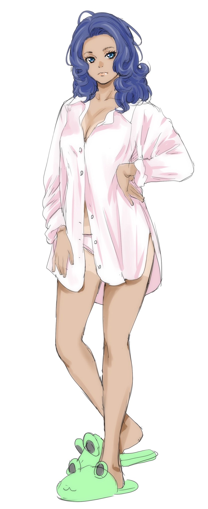 1girl, blue_eyes, blue_hair, breasts, curly_hair, dark_skin, gundam, gundam_unicorn