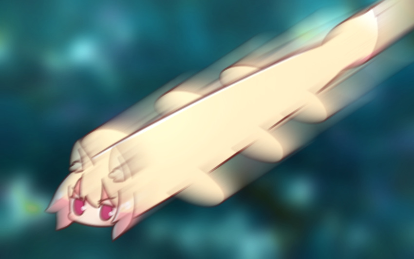 1girl, animal_ear_fluff, animal_ears, animalization, bangs, blonde_hair, blurry, blurry_background, depth_of_field, eyebrows_visible_through_hair, fox_ears, fox_tail, hair_between_eyes, highres, kemomimi-chan_(naga_u), motion_blur, naga_u, original, red_eyes, sidelocks, skyfish_(cryptid), solo, tail, v-shaped_eyebrows
