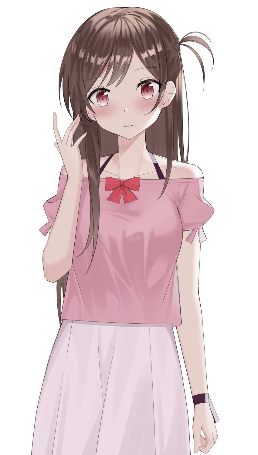 1girl, absurdres, arm_at_side, bangs, bare_shoulders, blush, bow, breasts