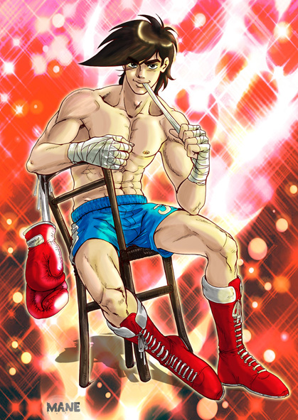 1boy, abs, artist_name, ashita_no_joe, black_hair, blue_shorts, boxer, boxing_gloves