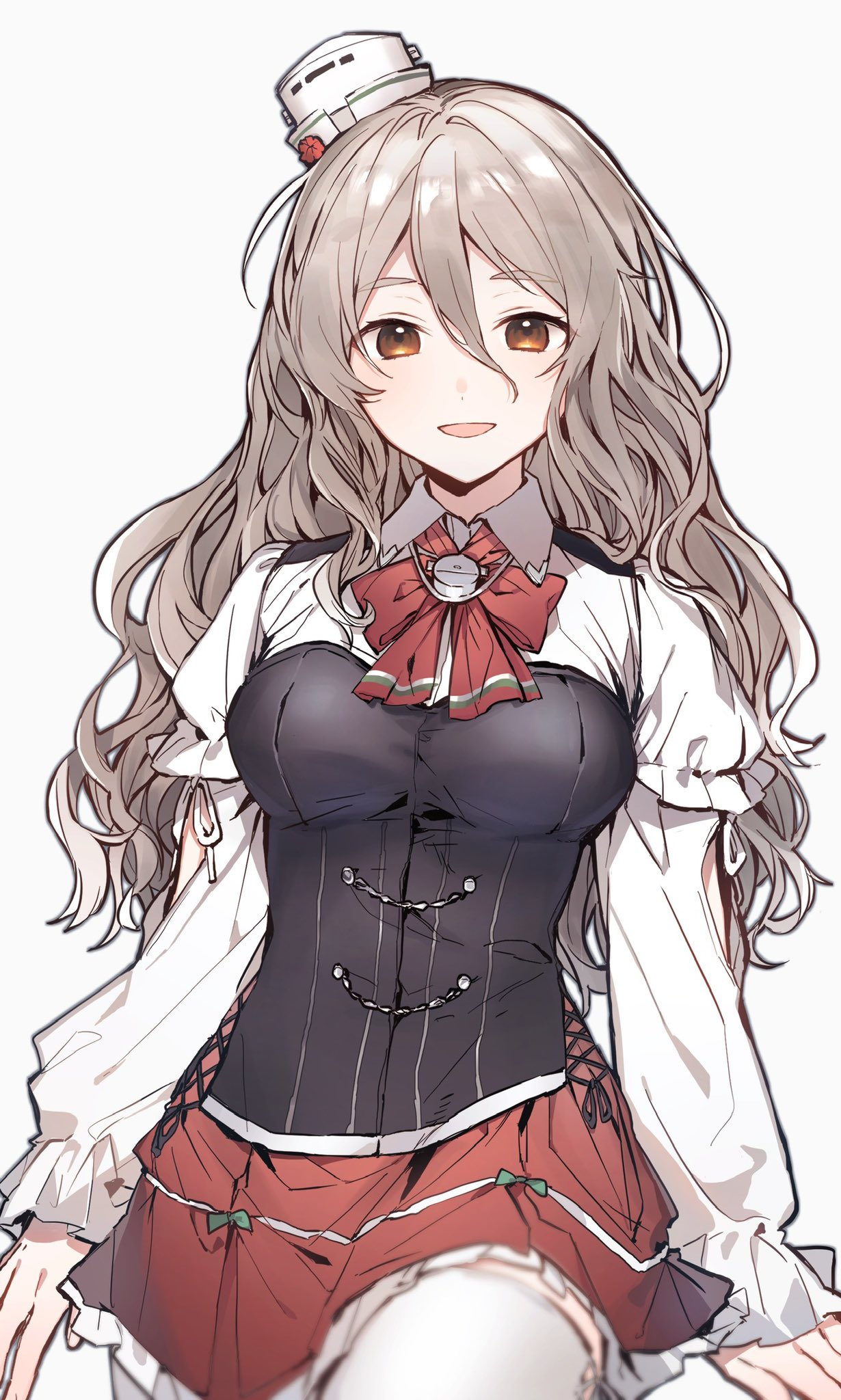 1girl, breasts, brown_eyes, commentary_request, corset, hair_between_eyes, hat, highres, kantai_collection, long_hair, looking_at_viewer, mini_hat, pola_(kantai_collection), ponko_(damachida), shirt, simple_background, skirt, smile, solo, thigh-highs, tilted_headwear, wavy_hair, white_legwear, white_shirt