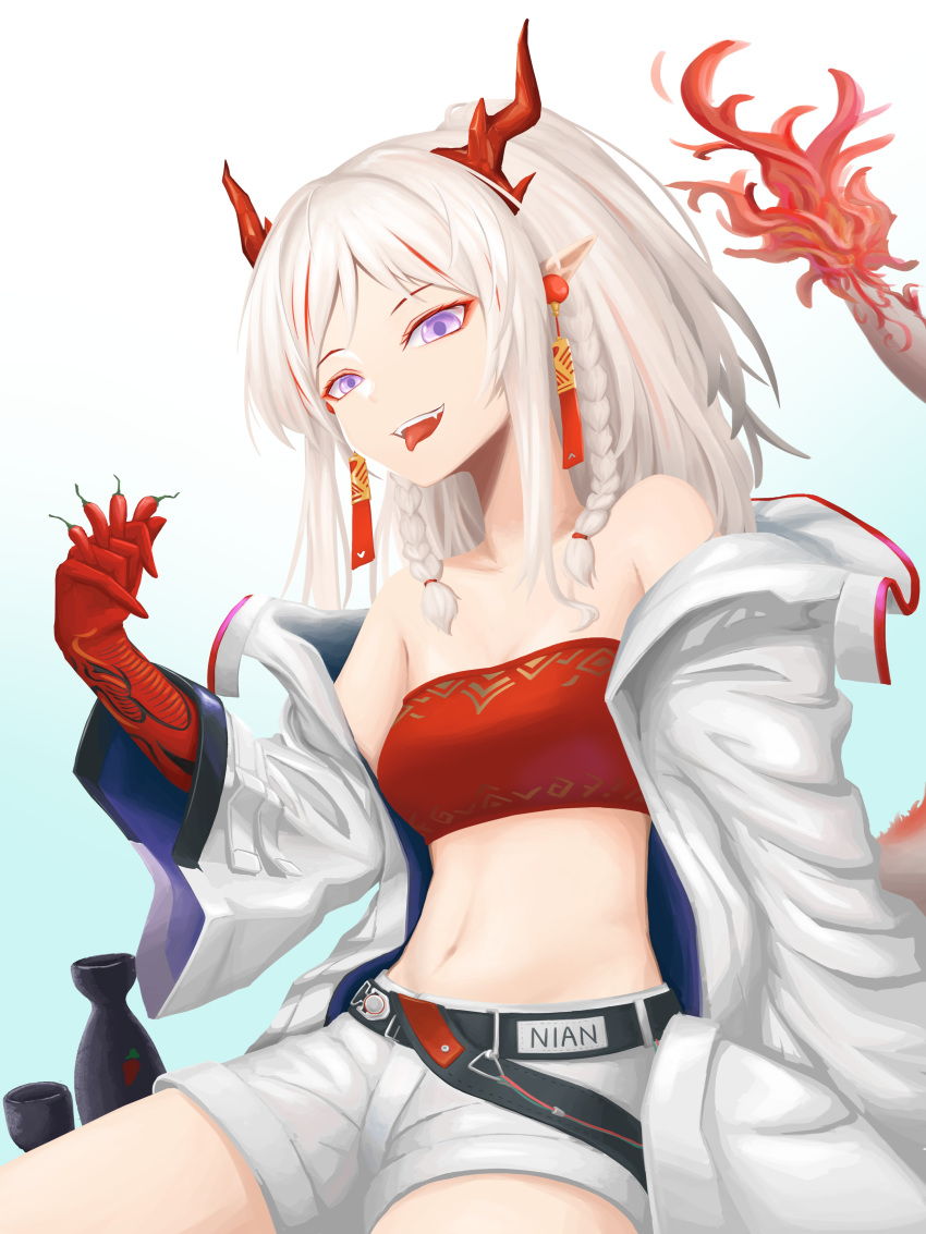 1girl, :d, absurdres, arknights, bandeau, bangs, bare_shoulders, belt, black_belt, blue_background, braid, breasts, character_name, chili_pepper, chinese_commentary, commentary_request, fangs, food, gradient, gradient_background, hand_up, highres, holding, holding_food, horns, jacket, long_hair, long_sleeves, looking_at_viewer, medium_breasts, nian_(arknights), off_shoulder, open_clothes, open_jacket, open_mouth, pointy_ears, short_shorts, shorts, silver_hair, smile, solo, strapless, tail, tongue, tongue_out, tubetop, twin_braids, violet_eyes, white_background, white_jacket, white_shorts, wuqi_wupenguin