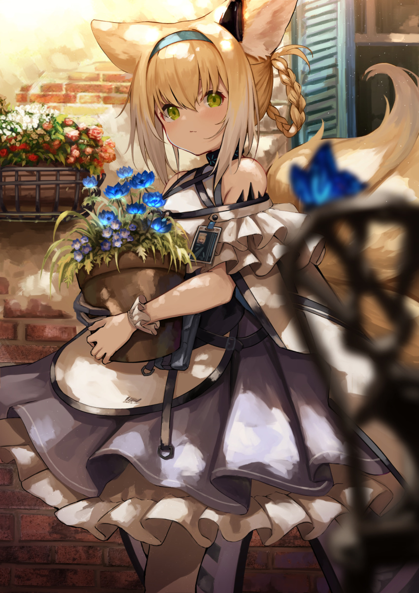 1girl, animal_ears, arknights, blue_flower, blurry, blurry_foreground, braid, depth_of_field