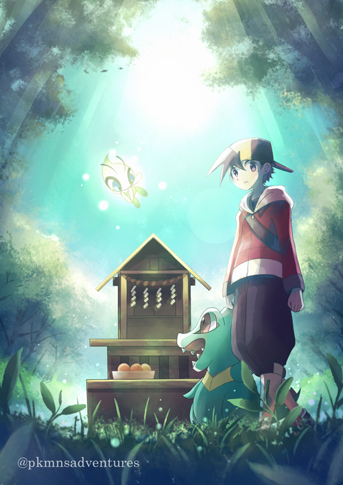 1boy, arms_at_sides, bag, bangs, baseball_cap, black_pants, celebi, commentary_request