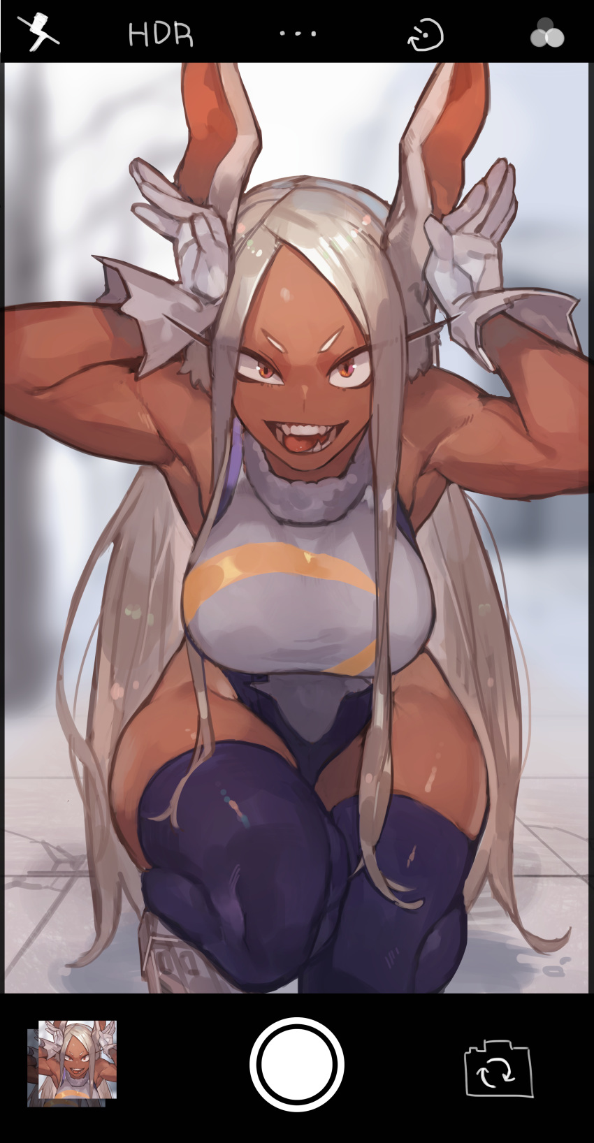 1girl, absurdres, animal_ears, bangs, boku_no_hero_academia, breasts, bunny_pose, dark_skin