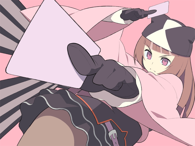 brown_hair, card, cards, gloves, hat, holding, holding_card, long_hair