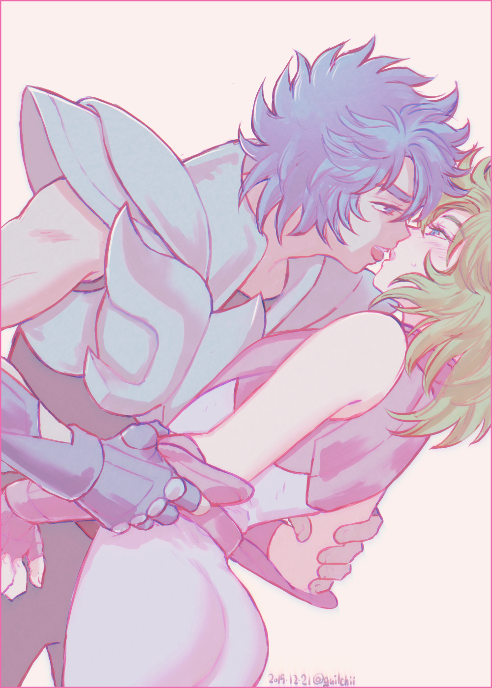 2019, 2boys, almost_kiss, andromeda_shun, armor, ass, guilchii, kiss, kissing, long_hair, phoenix_ikki, saint_seiya