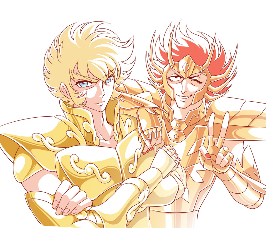 2boys, armor, ba_(artist), blonde_hair, cancer_deathtoll, golden_armor, leo_kaiser, looking_at_viewer, posing, redhead, saint_seiya, saint_seiya:_next_dimension, simple_background, v