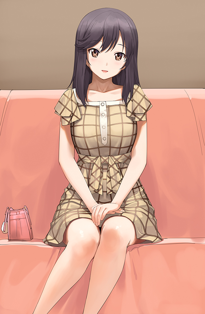1girl, a1, bag, bangs, black_hair, blush, breasts, brown_eyes, collarbone, couch, cute, dress, handbag, ichijou_hotaru, indoors, lips, long_hair, looking_at_viewer, media_factory, medium_breasts, non_non_biyori, open_mouth, silver_link, sitting, smile, solo