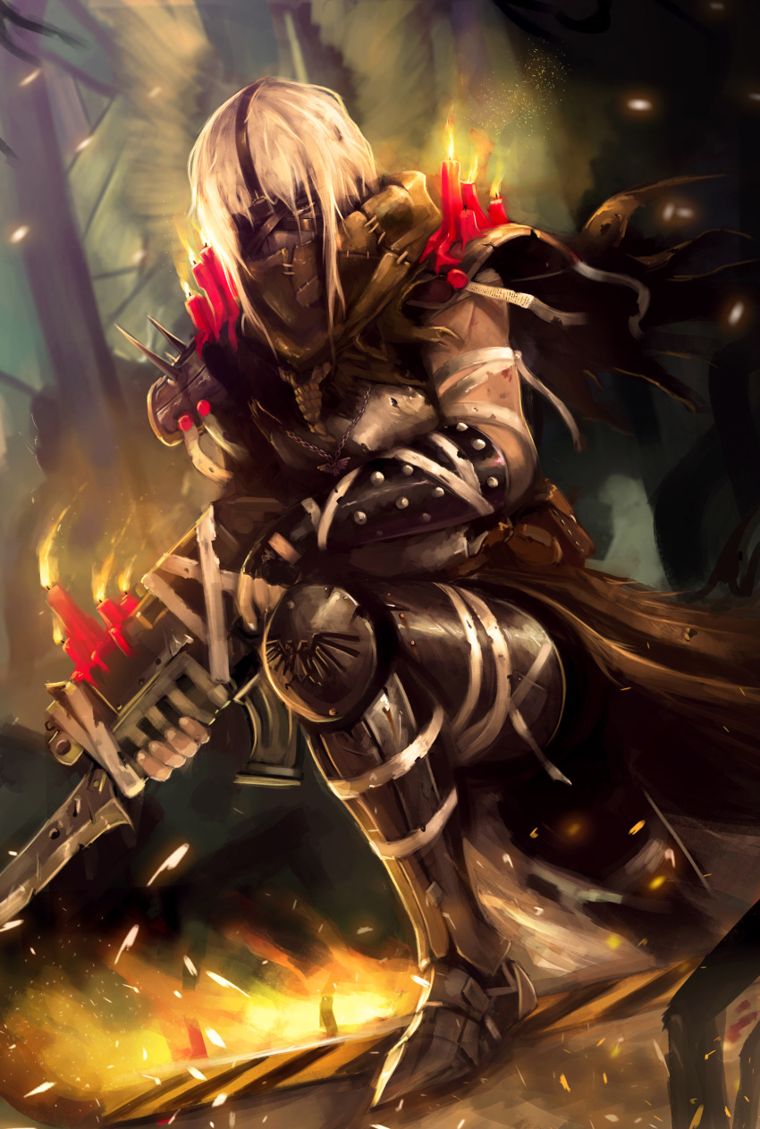 absurdres, armor, black_gloves, bolter, boots, candle, character_request, commentary