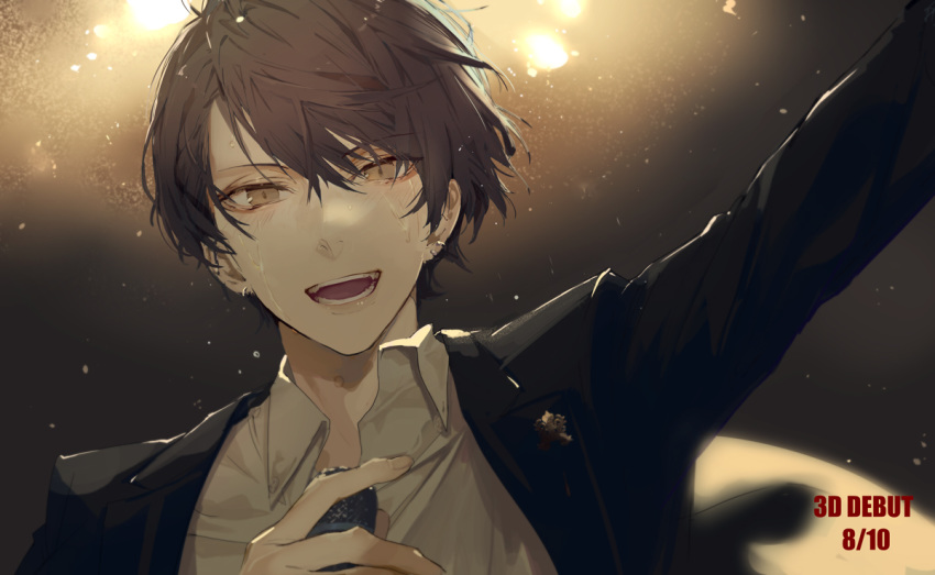 1boy, asymmetrical_bangs, bangs, black_jacket, brown_eyes, brown_hair, dated, earrings, emblem, formal, fuyuomi, hair_between_eyes, holding, holding_microphone, jacket, jewelry, kagami_hayato, long_sleeves, looking_at_viewer, male_focus, microphone, nijisanji, open_mouth, shirt, smile, solo, spotlight, suit, sweat, upper_body, virtual_youtuber, white_shirt