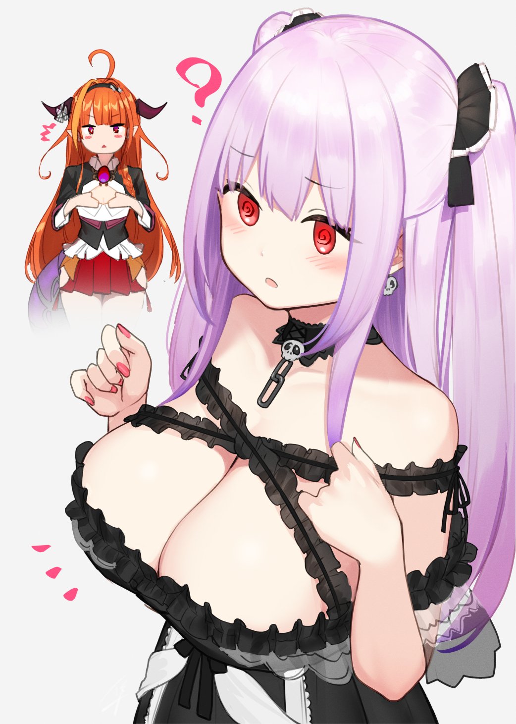 2girls, ?, ahoge, alternate_breast_size, blush, breast_size_switch, breasts, flat_chest