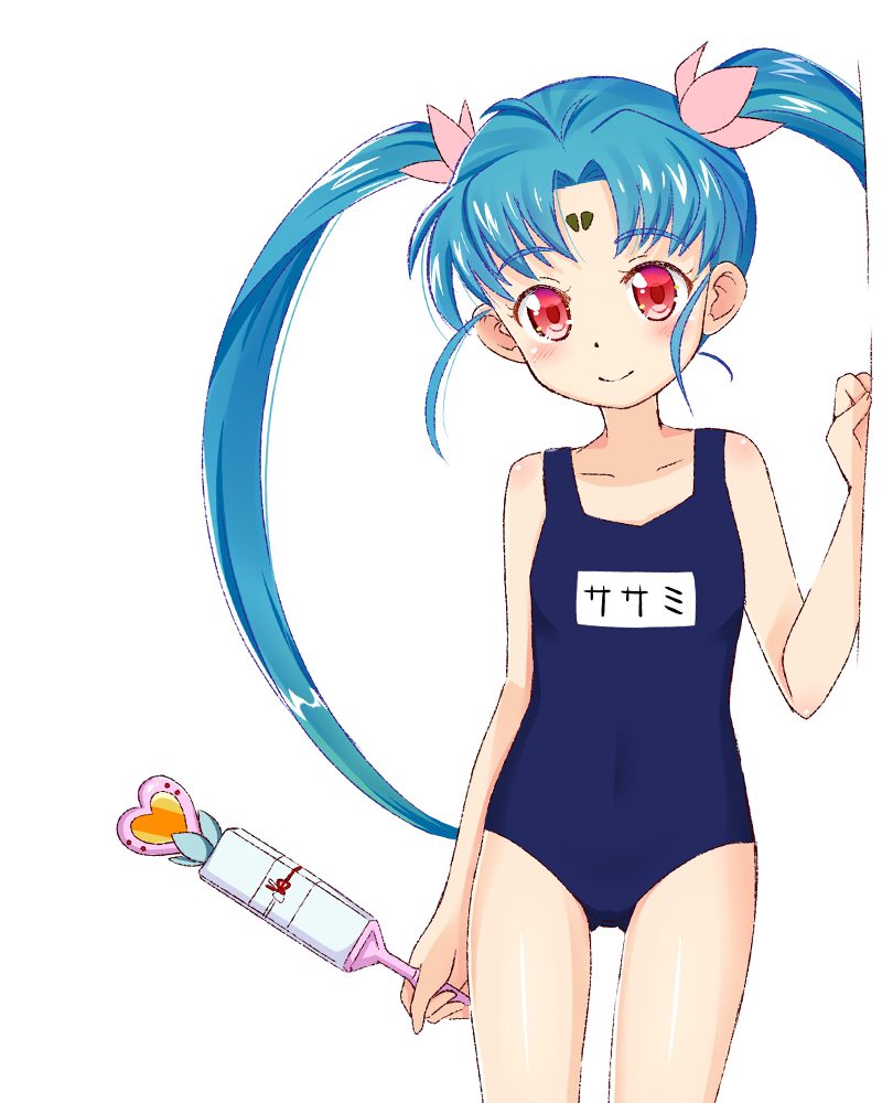 1girl, aikousha_(ico-sha), ass_visible_through_thighs, blue_swimsuit, covered_navel, facial_mark, forehead_mark, long_hair, magical_girl, masaki_sasami_jurai, one-piece_swimsuit, red_eyes, sasami_mahou_shoujo_club, school_swimsuit, simple_background, smile, solo, swimsuit, tenchi_muyou!, twintails, very_long_hair, wand, white_background