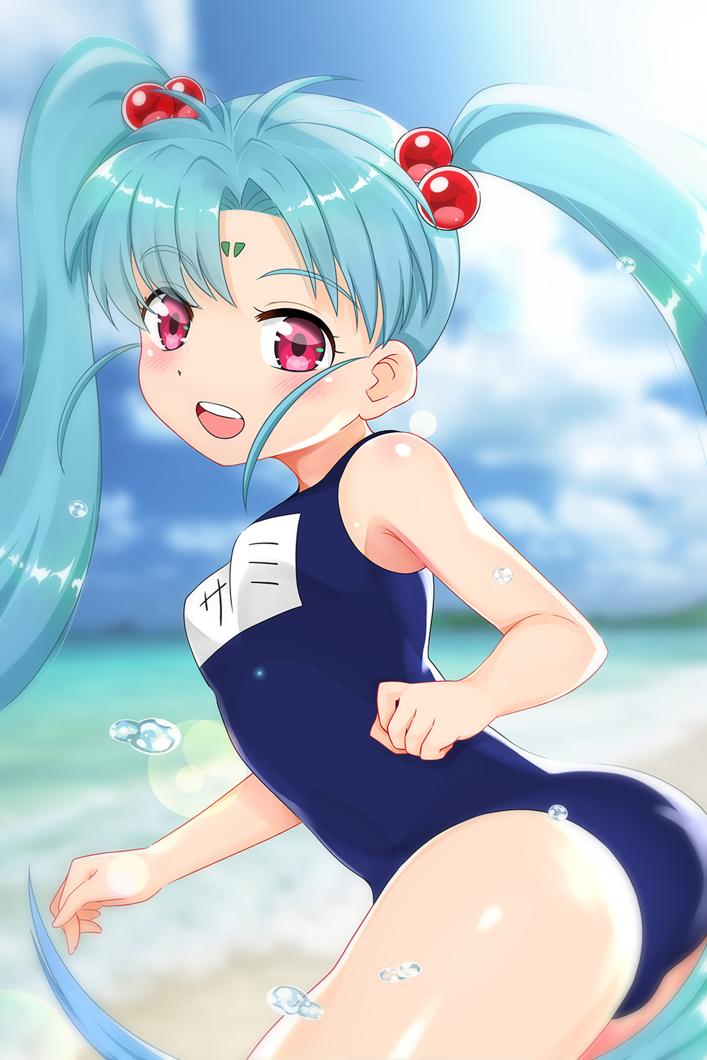 1girl, aikousha_(ico-sha), ass, beach, blue_hair, blue_swimsuit, breasts, clouds, facial_mark, forehead_mark, from_behind, hair_bobbles, hair_ornament, highres, leaning_forward, long_hair, looking_back, masaki_sasami_jurai, one-piece_swimsuit, open_mouth, outdoors, red_eyes, school_swimsuit, sky, small_breasts, smile, solo, swimsuit, tenchi_muyou!, thighs, twintails, very_long_hair