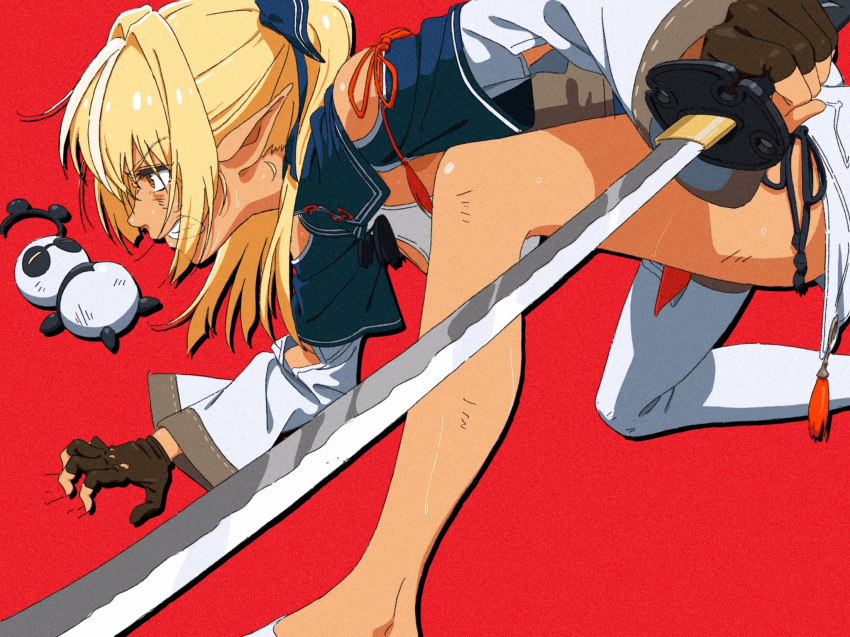 1990s_(style), 1girl, angry, bansei, blonde_hair, blue_bow, blue_capelet, bow, brown_gloves, capelet, claw_pose, cleavage_cutout, clenched_teeth, commentary_request, dark_elf, dark_skin, detached_sleeves, drop_shadow, elf, feet_out_of_frame, fighting_stance, film_grain, fingerless_gloves, flats, foreshortening, gloves, hair_bow, hair_intakes, hair_over_shoulder, high_ponytail, highres, holding, holding_sword, holding_weapon, hololive, kintsuba_(flare_channel), long_hair, looking_away, mouth_visible_through_hair, one_knee, orange_eyes, panties, pointy_ears, profile, red_background, shiranui_flare, side-tie_panties, sidelocks, single_thighhigh, striped, striped_bow, sweat, sword, teeth, thigh-highs, thighs, underwear, virtual_youtuber, weapon, white_footwear