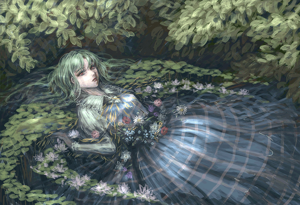 1girl, afloat, alternate_color, alternate_costume, blue_vest, collared_shirt, flower, green_hair, kazami_yuuka, long_skirt, long_sleeves, looking_at_viewer, nazo_(mystery), open_mouth, parted_lips, partially_submerged, plaid, plaid_skirt, plaid_vest, red_eyes, ripples, shirt, short_hair, skirt, solo, touhou, vest, water, wavy_hair, white_shirt